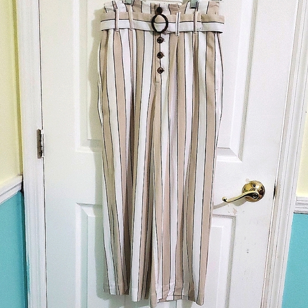 Abercrombie & Fitch White & Beige Striped High-Waist Wide Leg Paperbag Pants S - Picture 2 of 14
